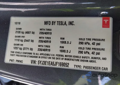 2018 Tesla Model 3 Long Range/Mid Range from USA, damaged, VIN 5YJ3E1EA5JF169052